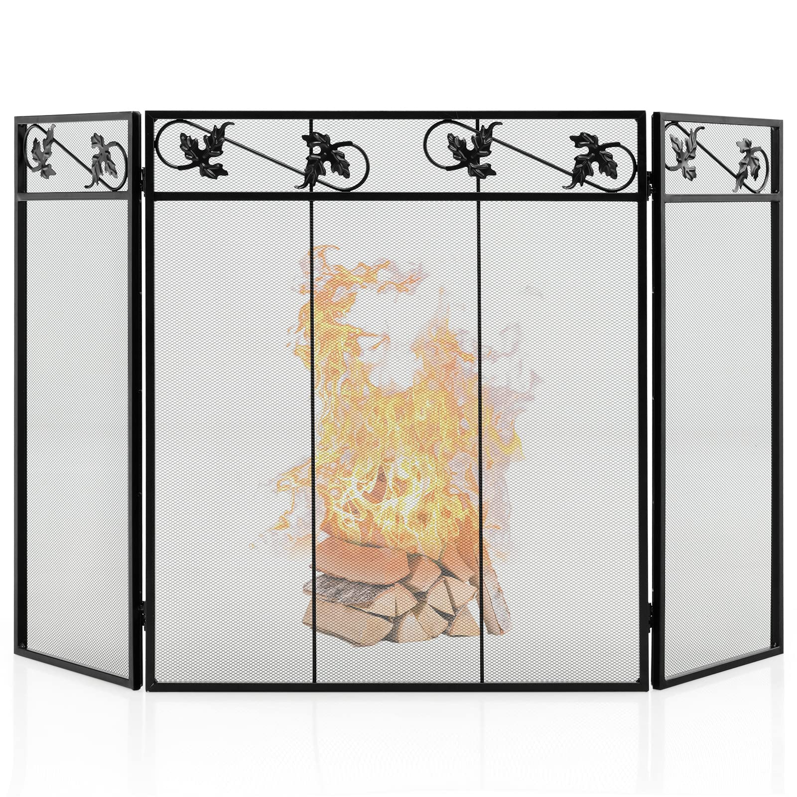 Tangkula 3-Panel Fireplace Screen, Folding Decorative Spark Guard with Exquisite Pattern for Baby & Pets